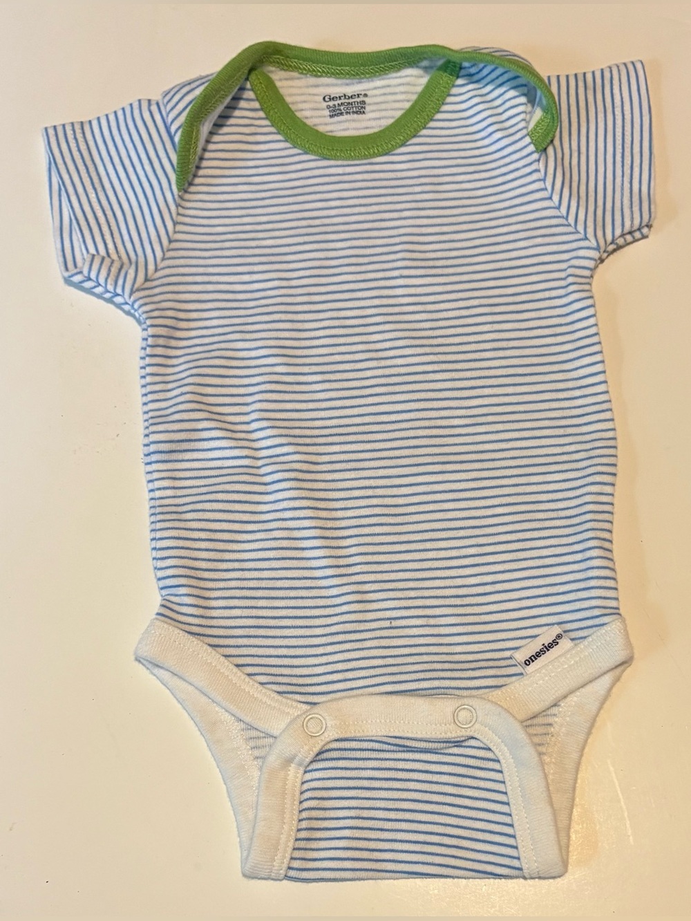 Gerber Baby Blue Striped Green trim Baby newborn Onesie 0-3 Months babies gift